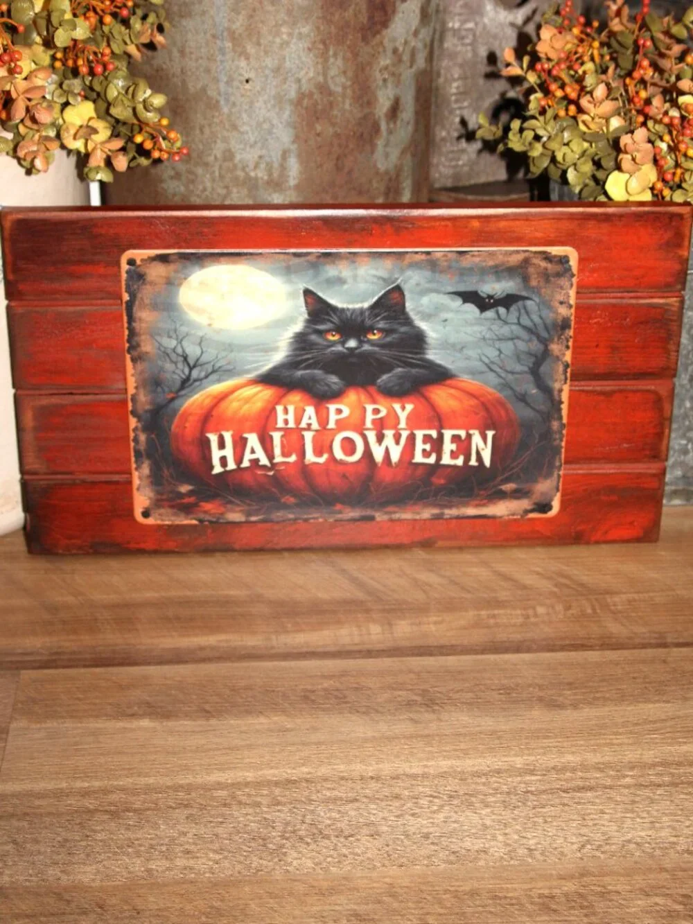 NEW Dark Moody Black Cat Happy Halloween Planked Wood Wall Decor Picture